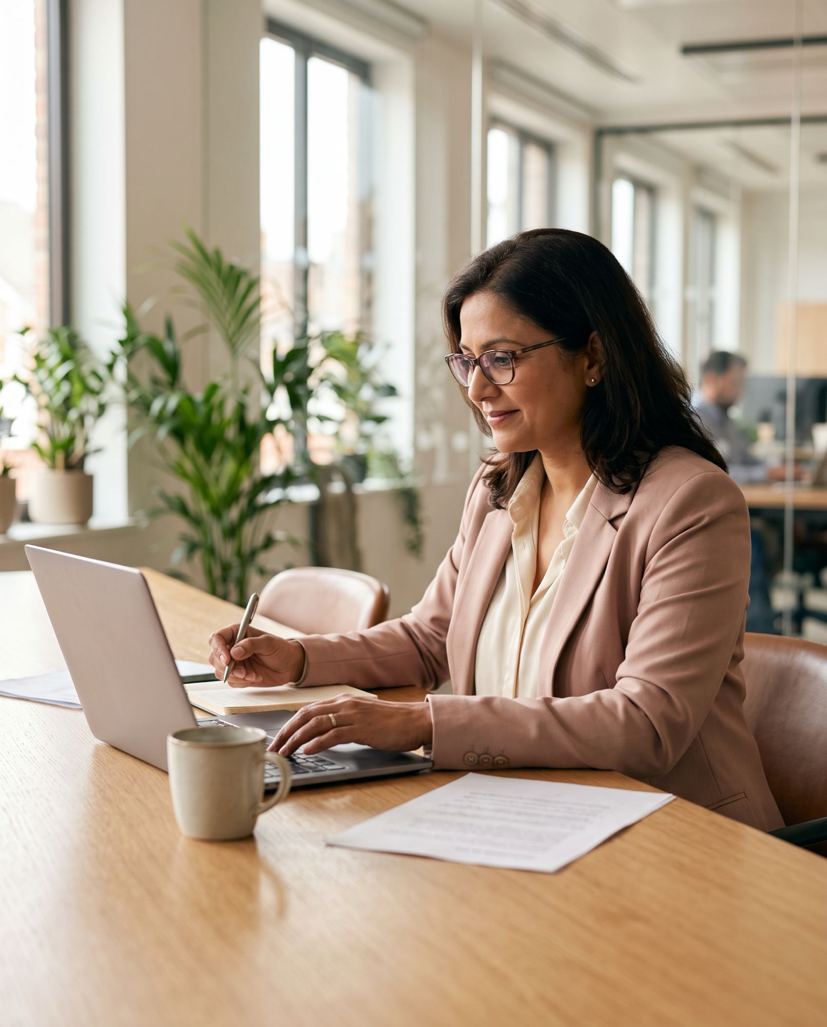 A benefits leader reviewing plan numbers at a laptop
